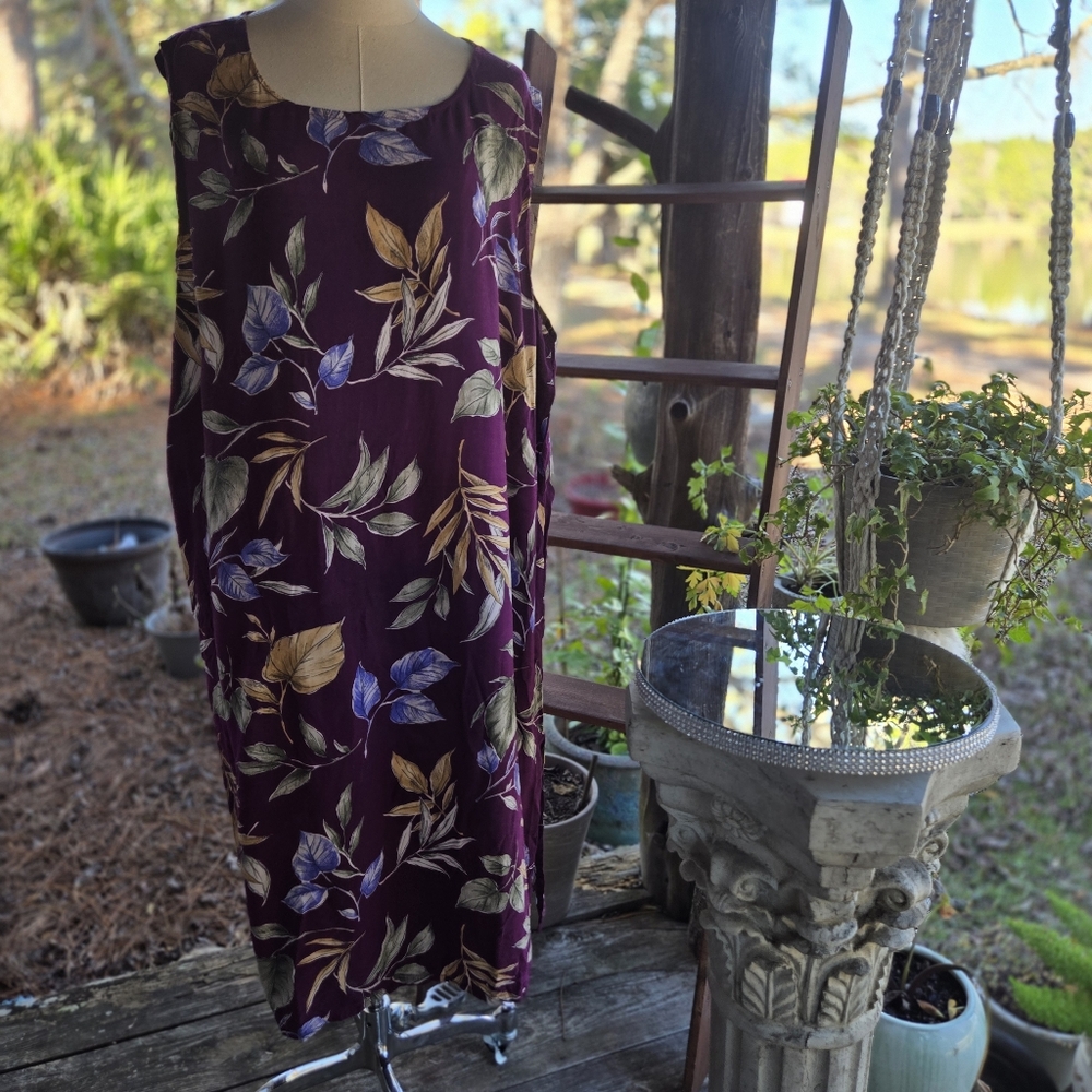 Burgundy Tropical Leaf Print Sleeveless Casual Dress Size Extra Large